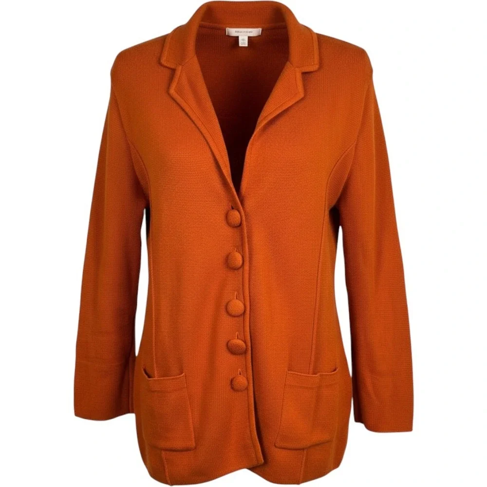 Burnt Orange Knit Cardigan Cotton Blazer Patch Pockets XL Fall Layering Vibrant